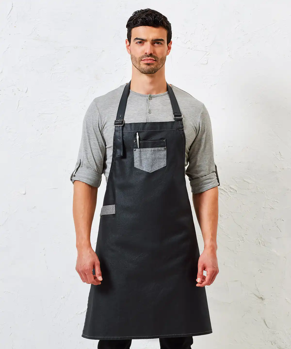 Division waxed-look denim bib apron with faux leatherv