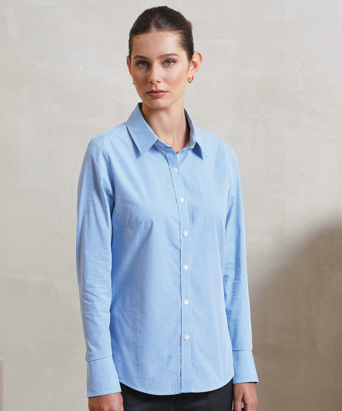 Women's microcheck (gingham) long sleeve cotton shirt