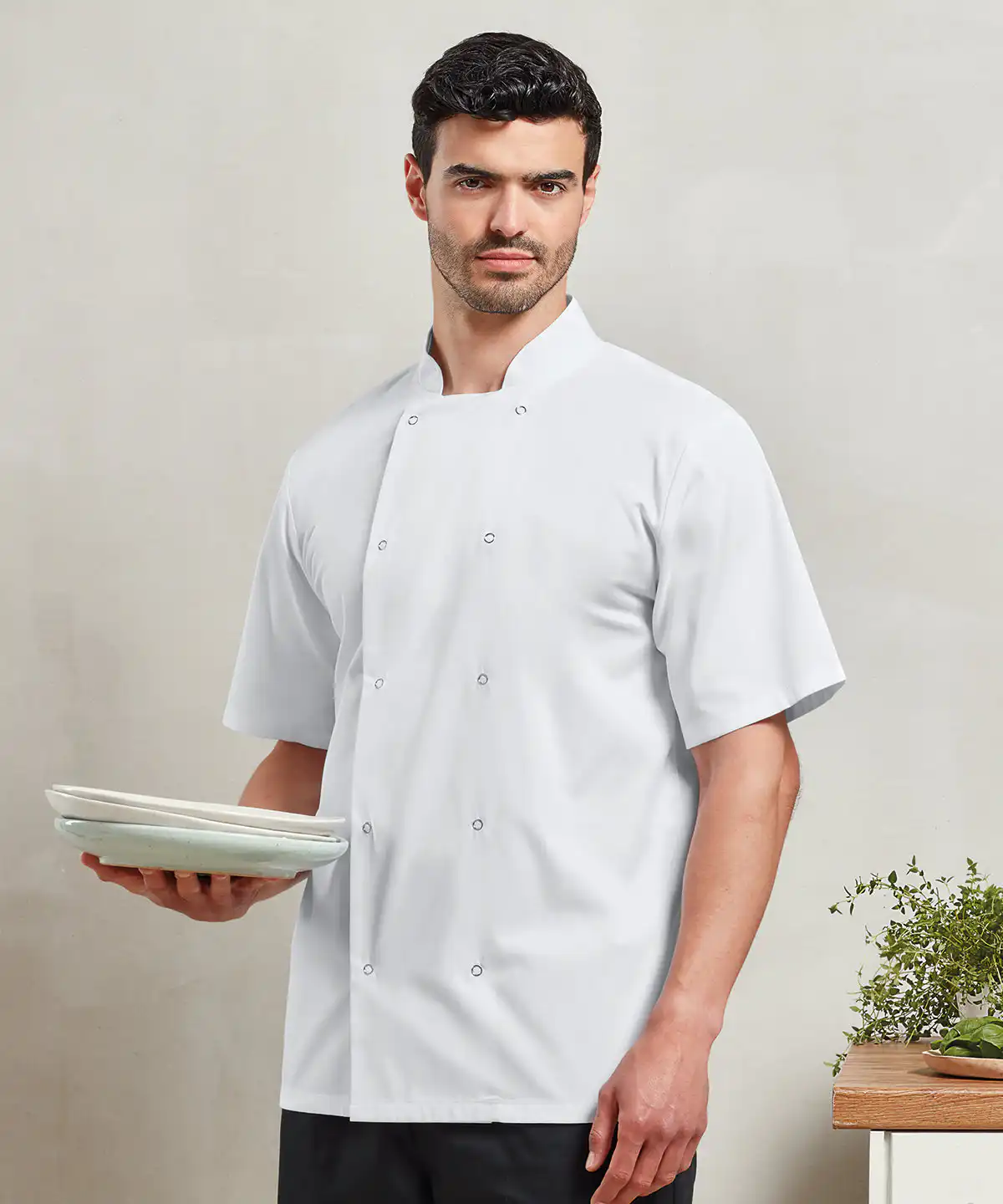 Studded front short sleeve chef’s jacket