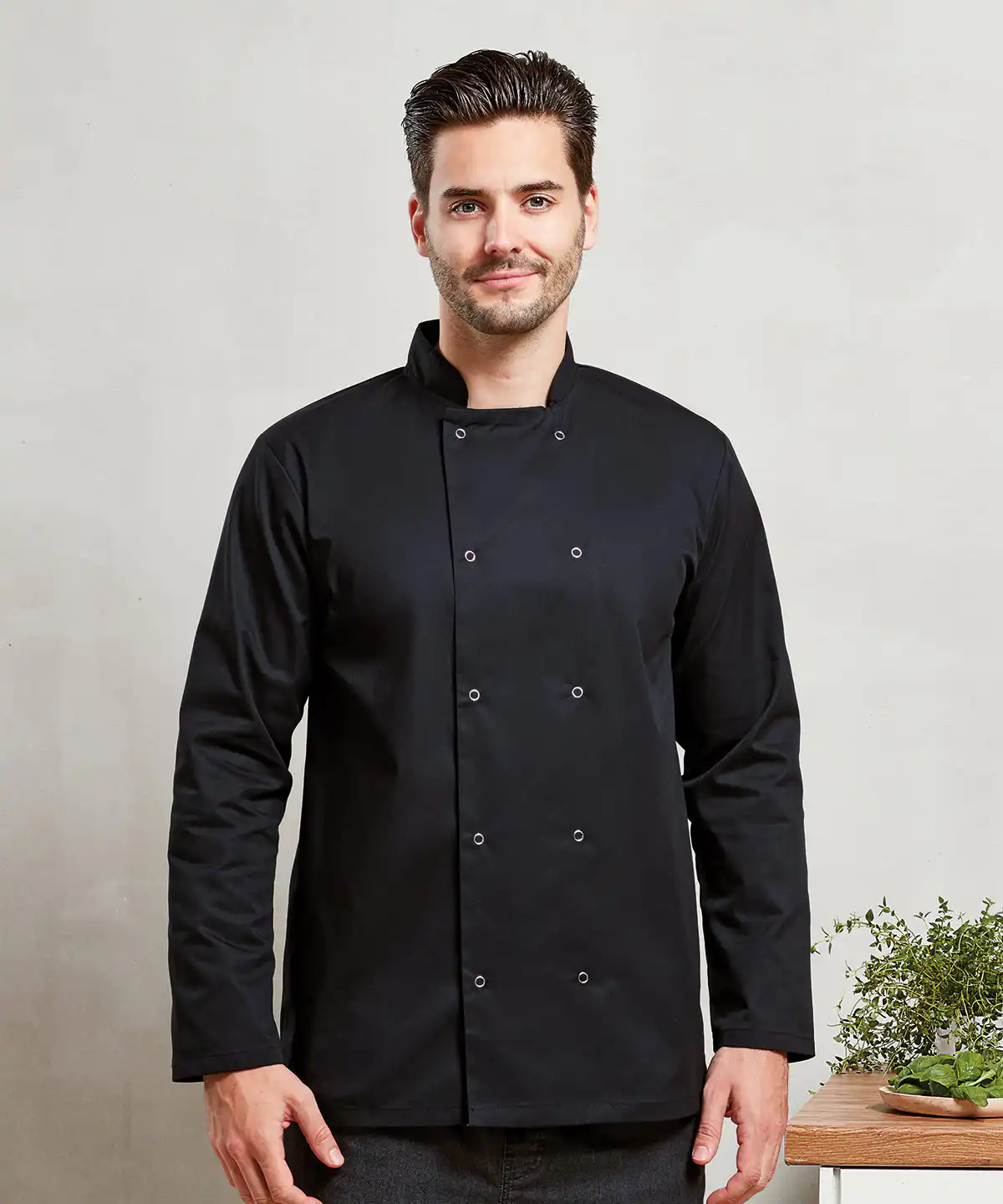 Studded front long sleeve chef’s jacket