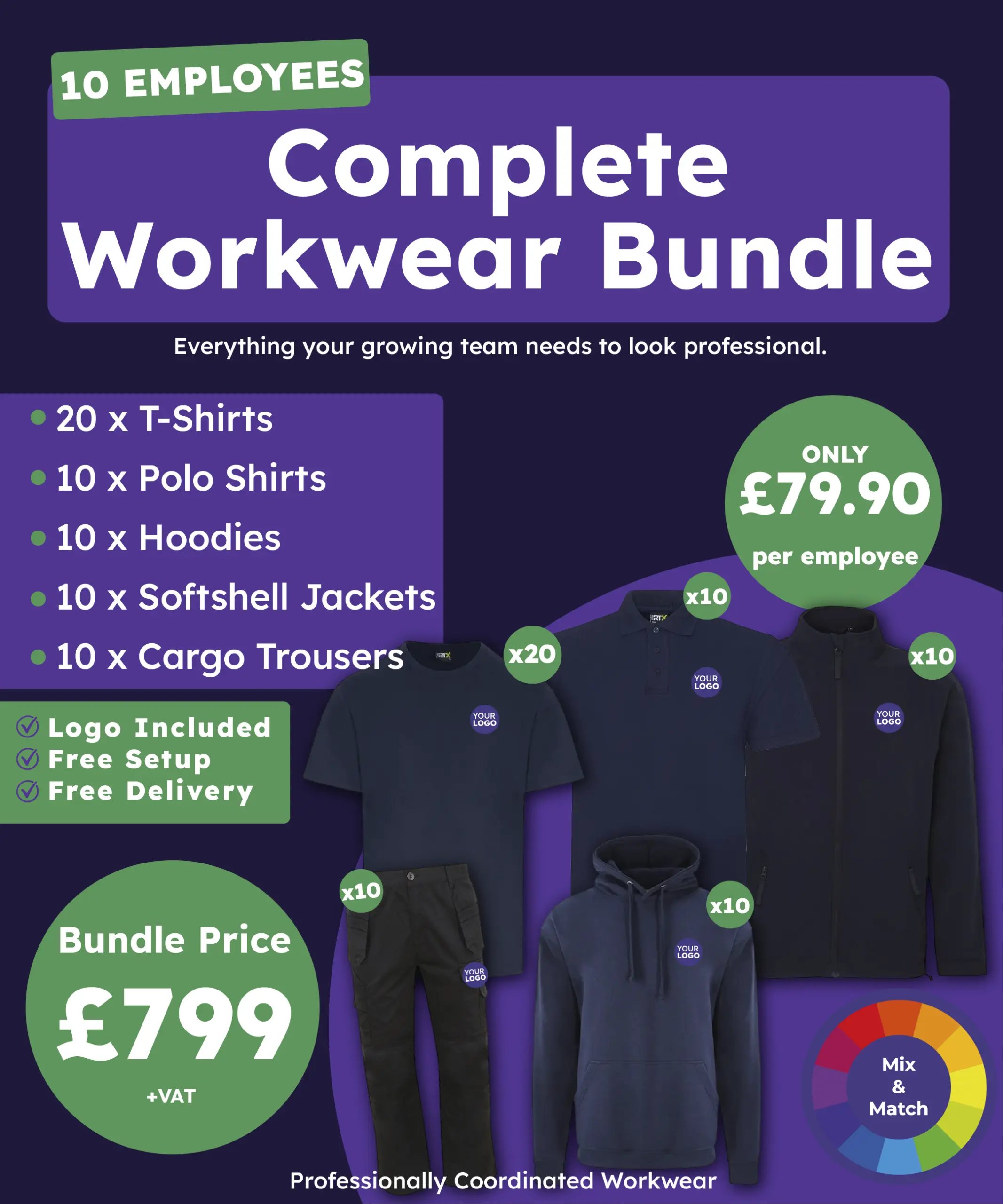 Complete Workwear Bundle for 10 Employees | 60 Personalised Garments