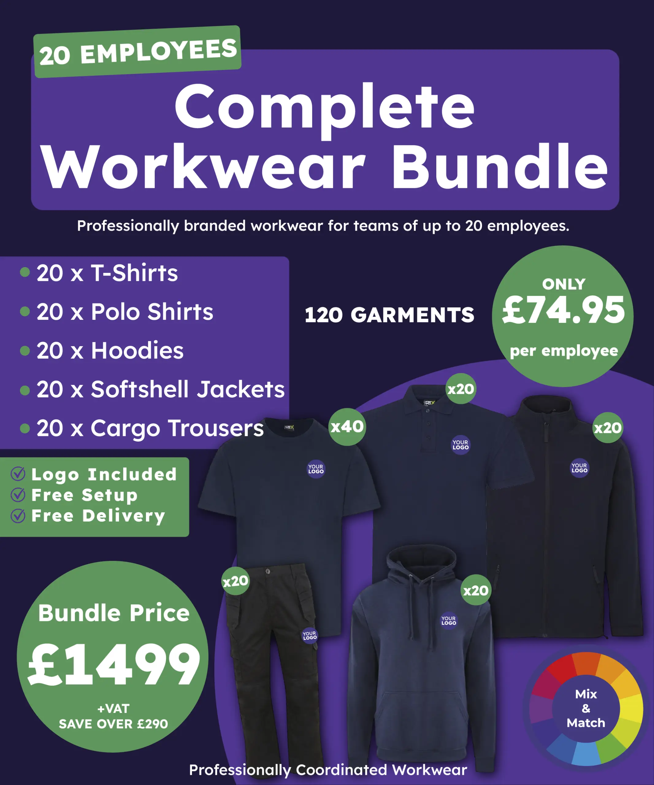 Complete Workwear Bundle for 20 Employees | 120 Personalised Garments