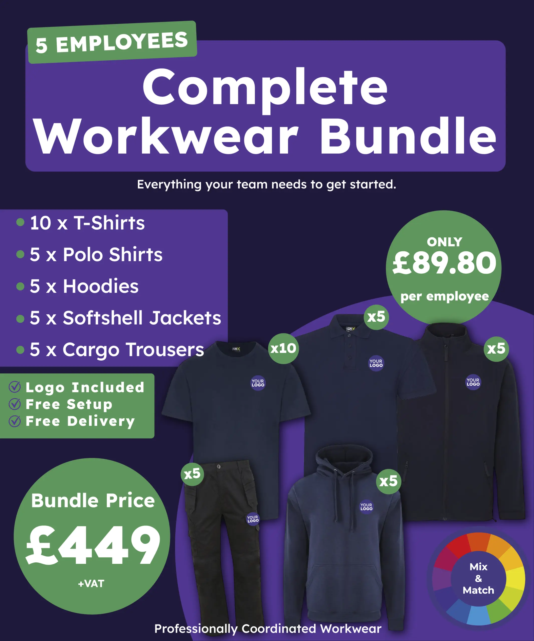 Complete Workwear Bundle for 5 Employees | 30 Personalised Garments